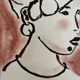 Signed painting in Indian ink and pastel, female portrait “study with a curl”