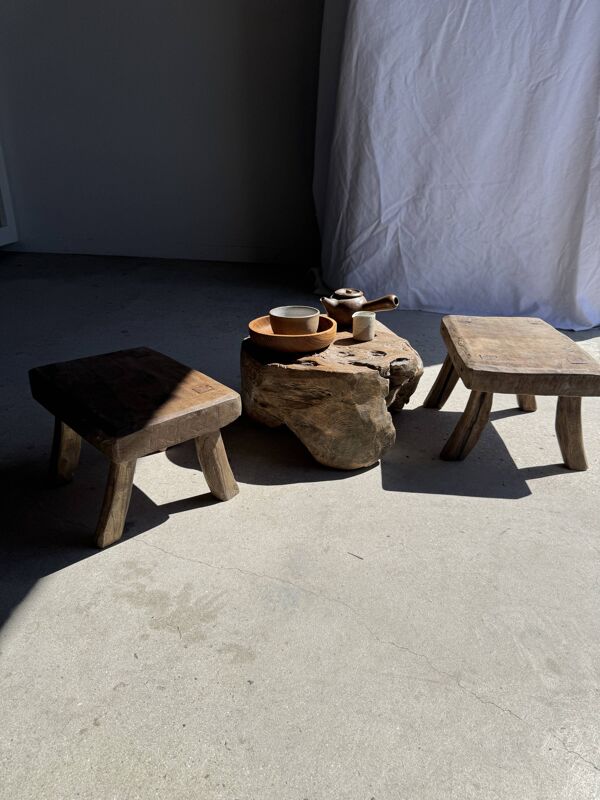 Petit stool, tabouret d'appoint en teck massif ovale wabi-sabi H25 37x27