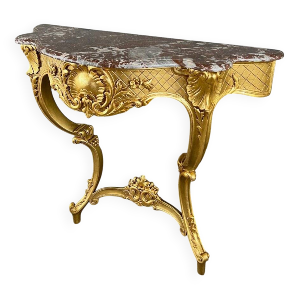 Console Murale De Style Louis XV En Bois Doré Et Marbre, XIXe Siècle