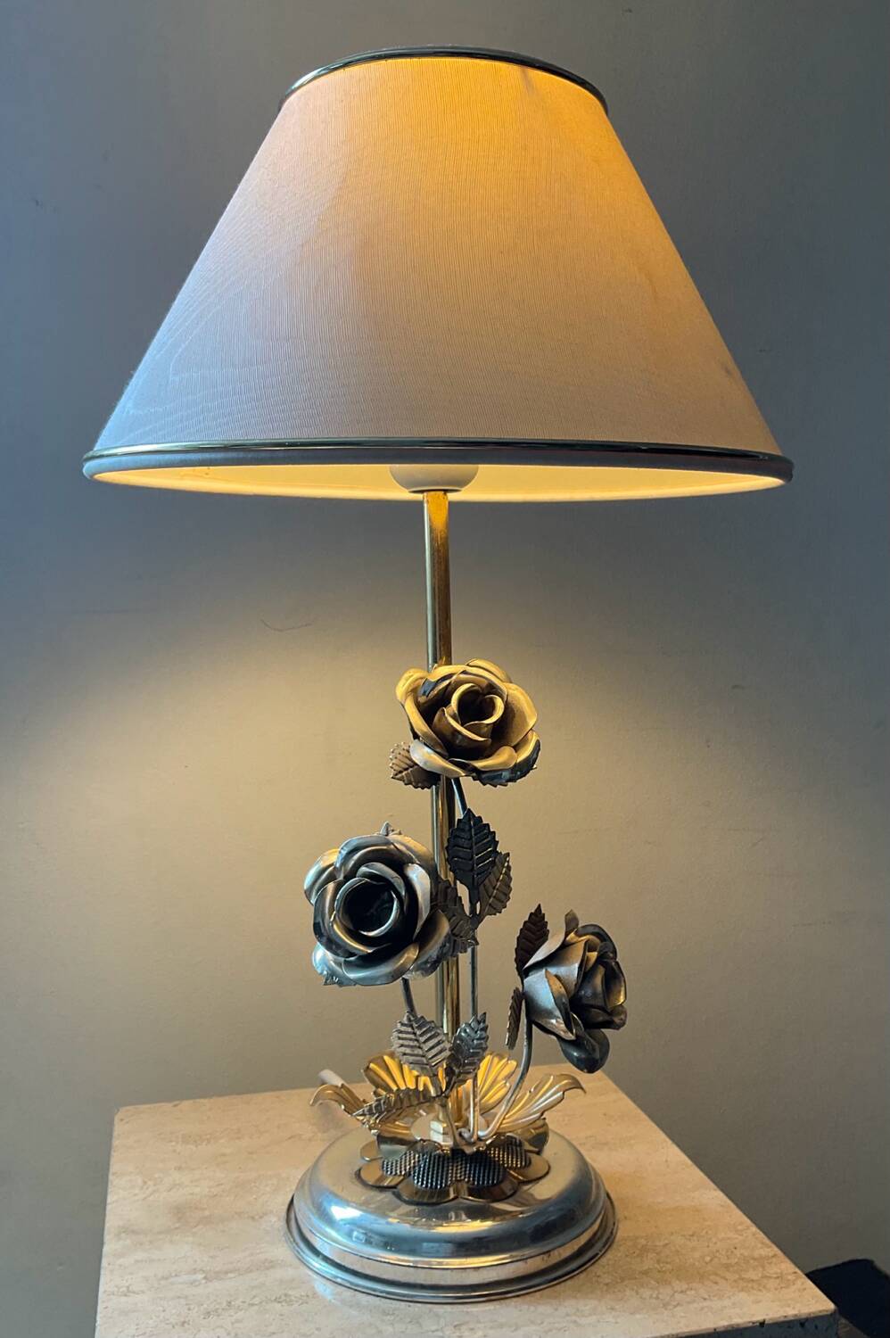 Vintage Franco Italy lamp with silver and gold metal flowers
