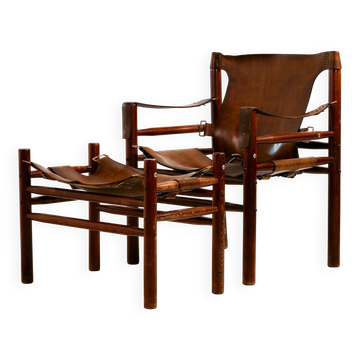 Hungarian calf leather lounge chair and ottoman, set of 2
