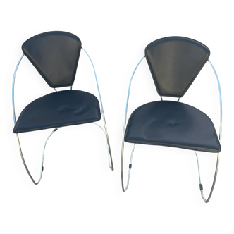 Set of 2 vintage Arrben chairs/armchairs – leather and metal – 80s – Good