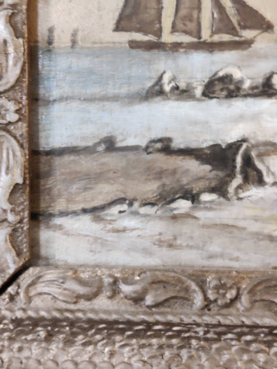 Lot of 2 old marine paintings on wood signed G. Haubois - Gilded frame