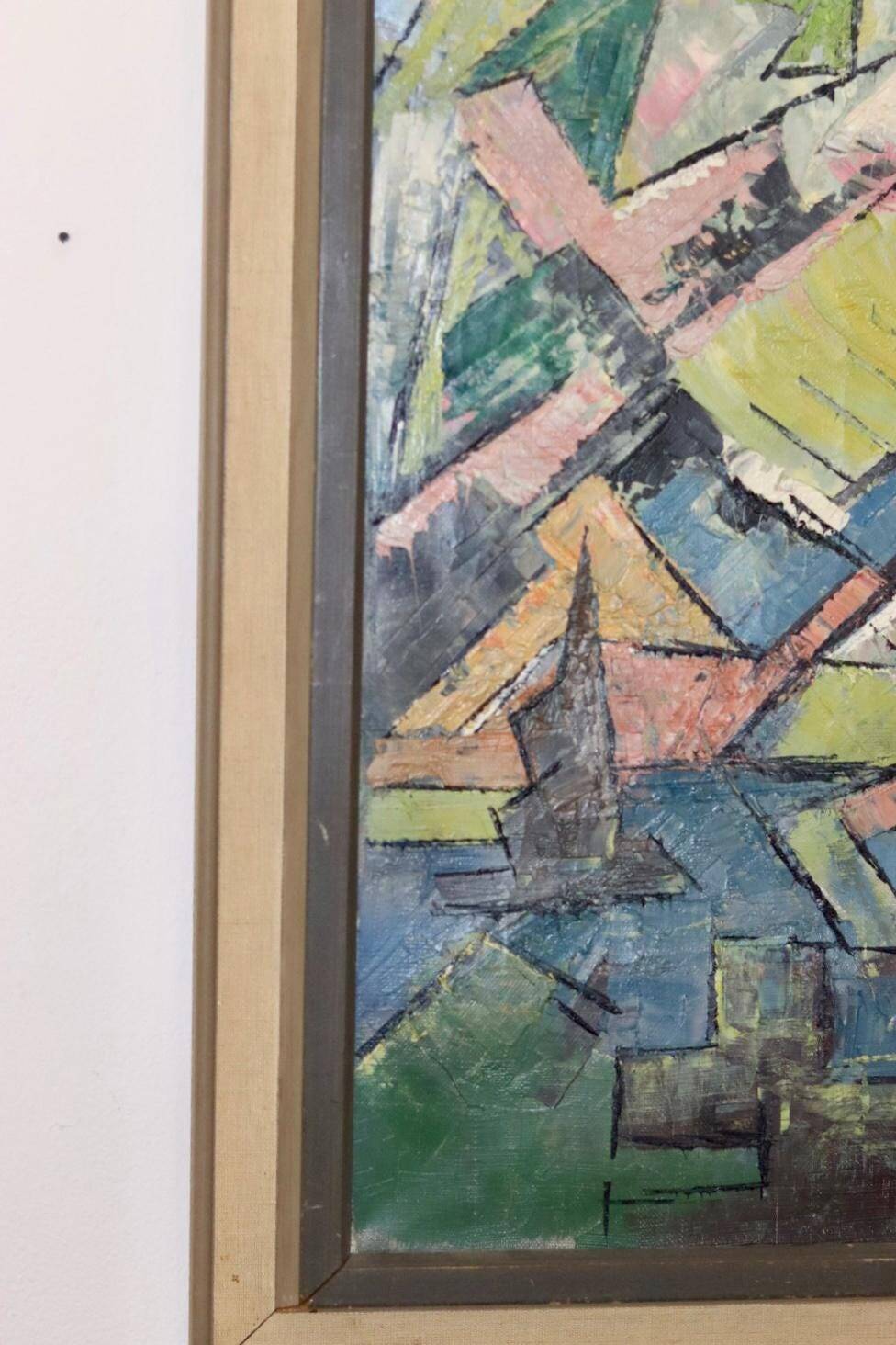 Original Swedish Mid-Century Oil on Canvas" Cubist Composition" by K. Thomsen - Vintage and Framed