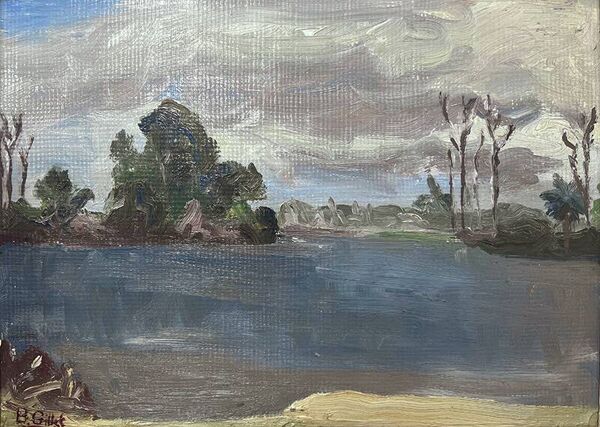 Tableau « Lac », B.Gillet, Huile sur carton fort