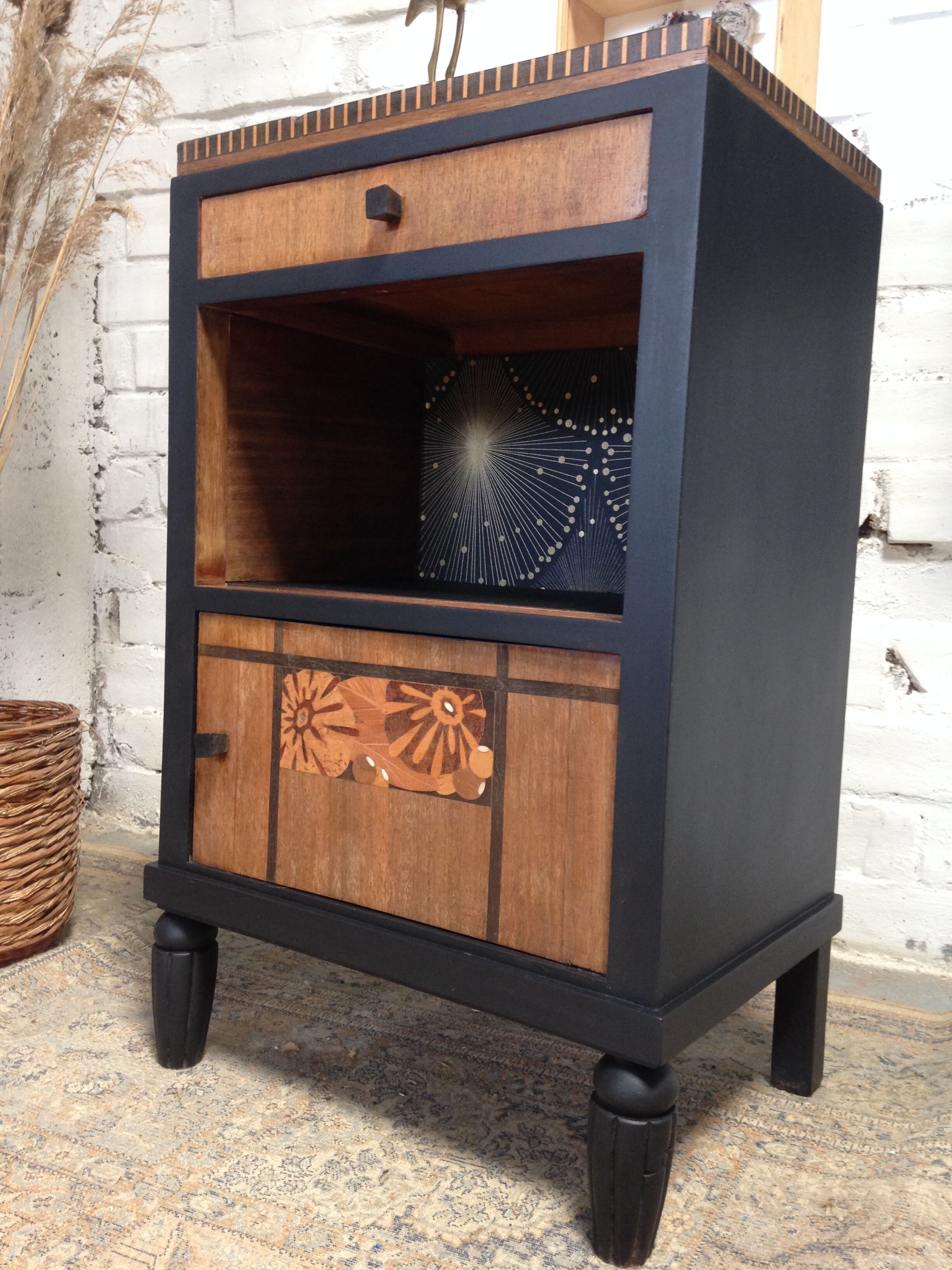 Art deco bedside marked black and wood