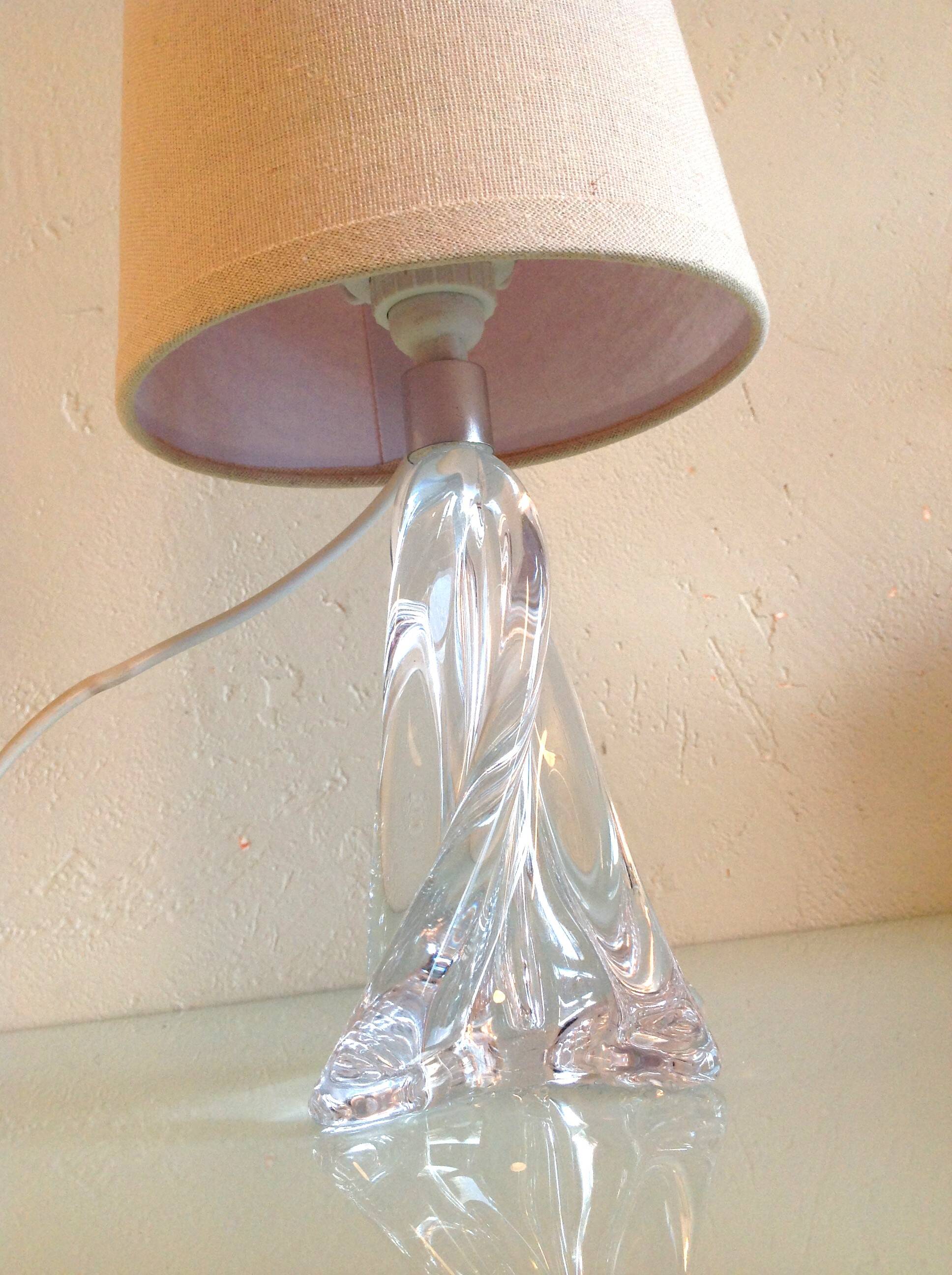 Bedside lamp with glass base and beige fabric lampshade / vintage 60s-70s