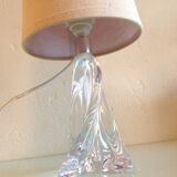 Bedside lamp with glass base and beige fabric lampshade / vintage 60s-70s