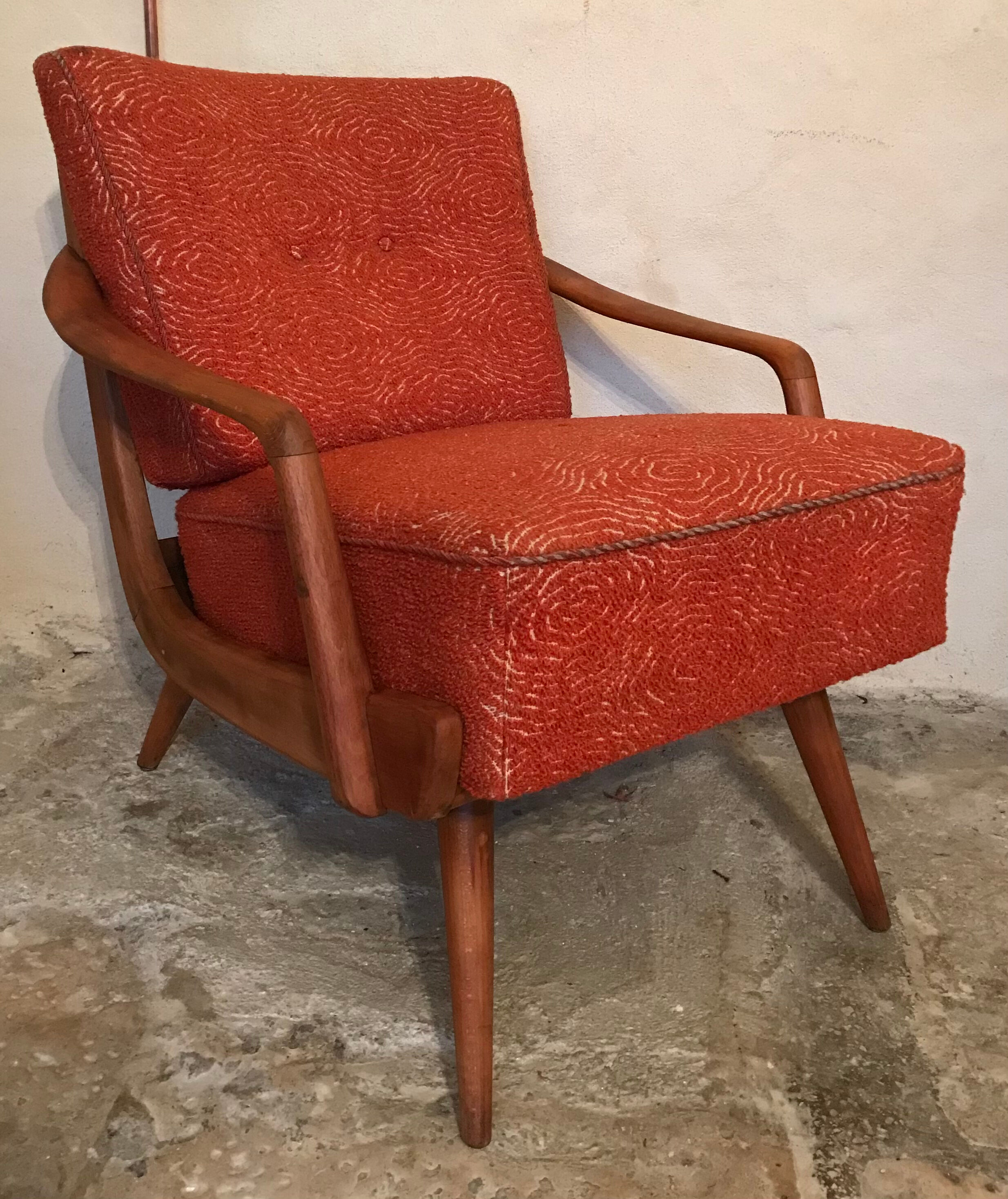 Fauteuil vintage mid-century pieds compas style scandi