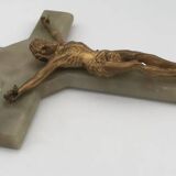 Vintage onyx stone wall crucifix and gold metal christ