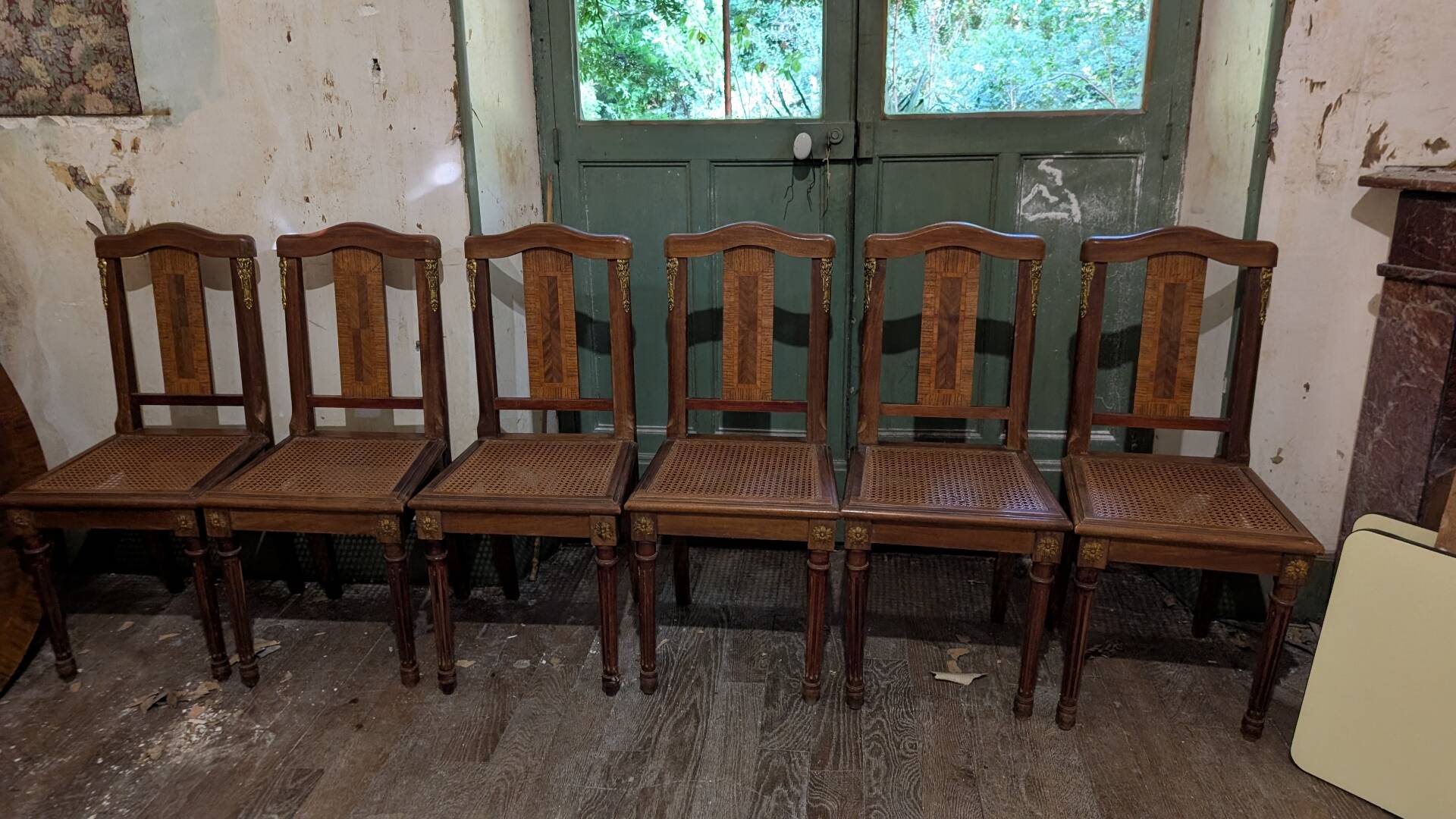 Set of 6 Louis XVI chairs in marquetry wood and caning.
