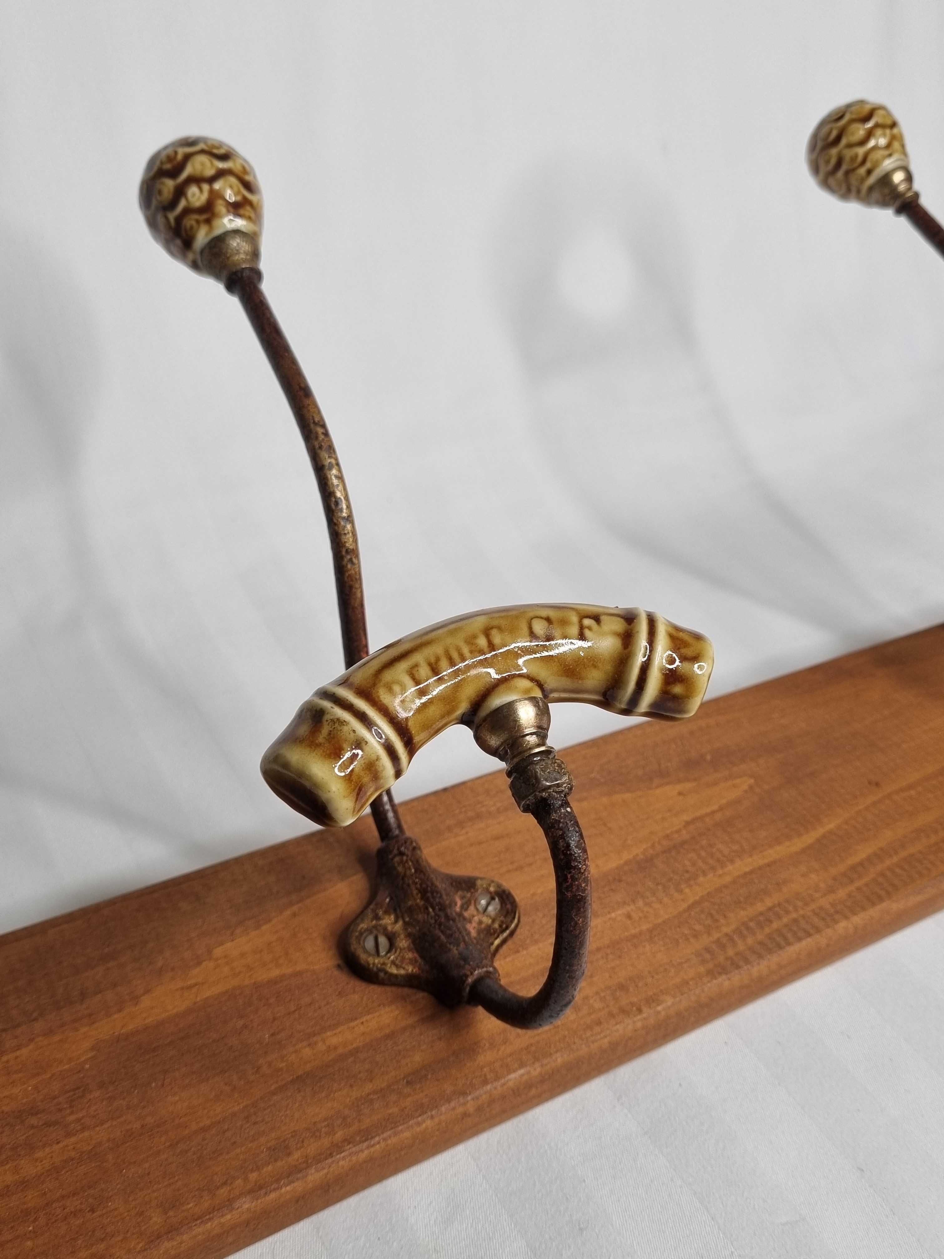 Wall coat rack, three metal and ceramic hooks in imitation of bamboo, 1900