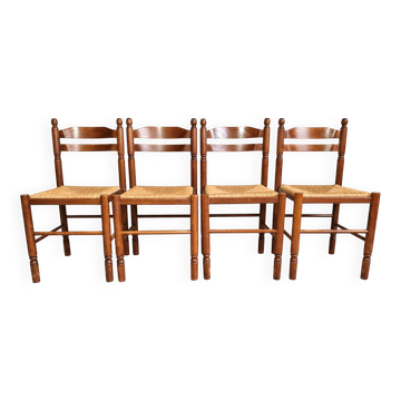Set of 4 rustic chairs in Louis XIII style, with rush seats, early 20th century.