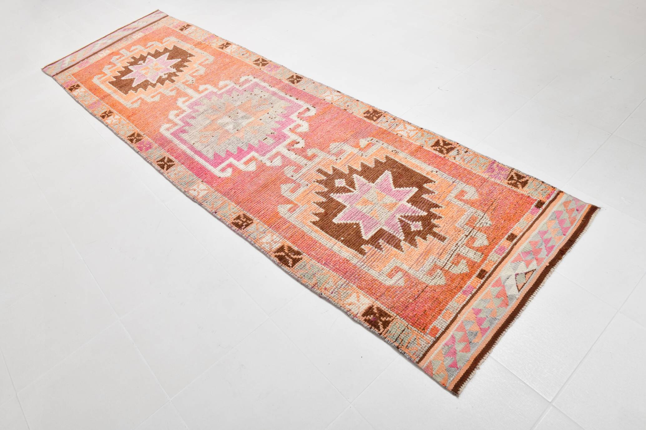 Soft Orange & Pink Star Pattern Handmade Wool Runner Rug, 99x338 Cm