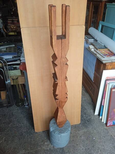 Brutalist ethnic sculpture / Totem, solid wood on base