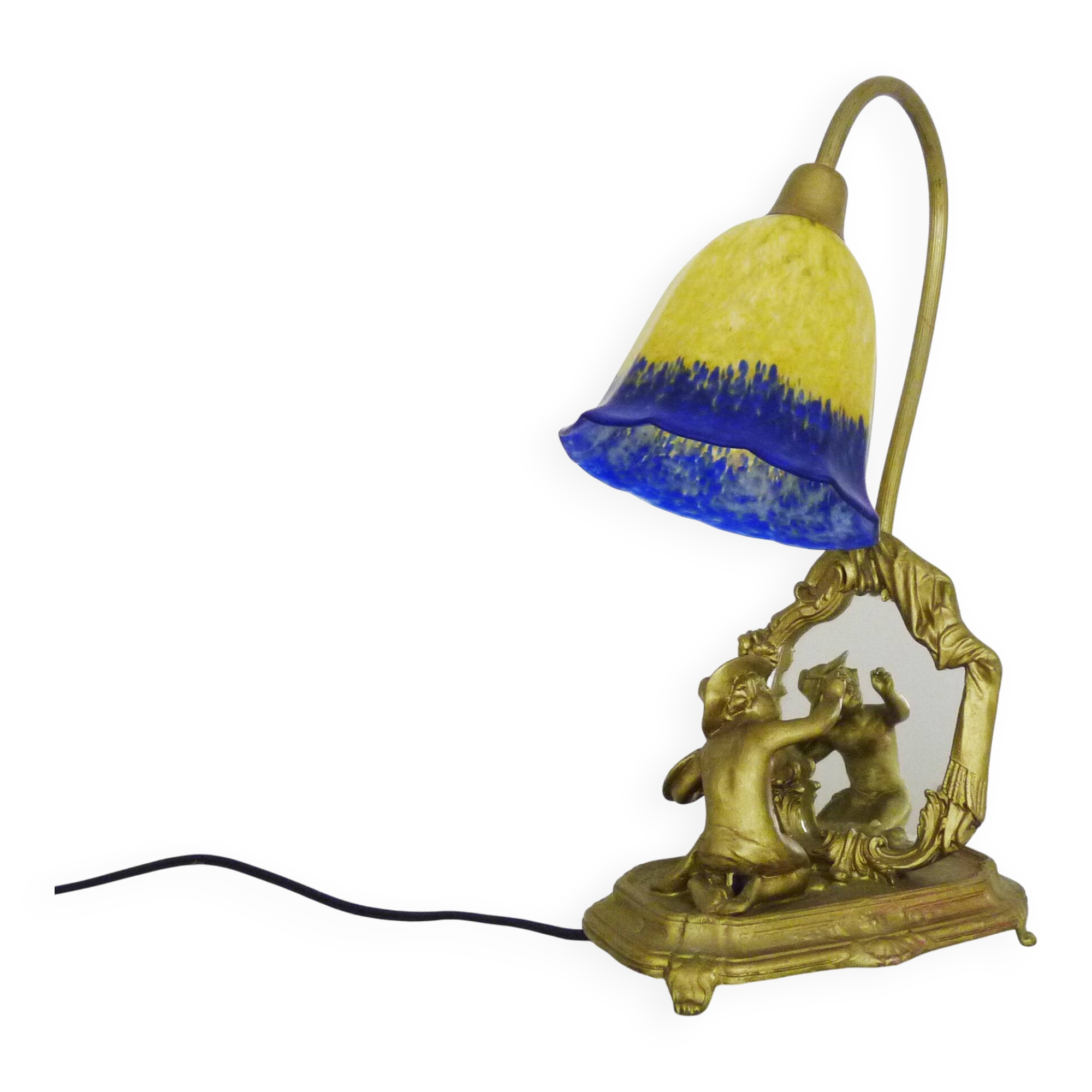 Vintage bronze table lamp featuring a painter on a mirror from the 1960s.