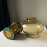 Vintage MCM Danish Design Hurricane Candleholder in Brass and Amber colored glass