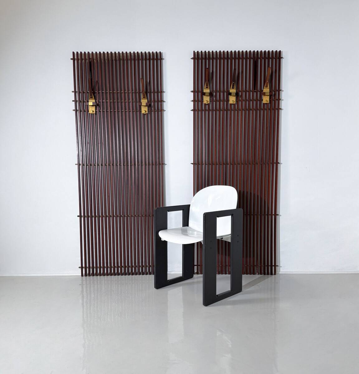 Modular coat rack in wood and brass, Italy, 1950s