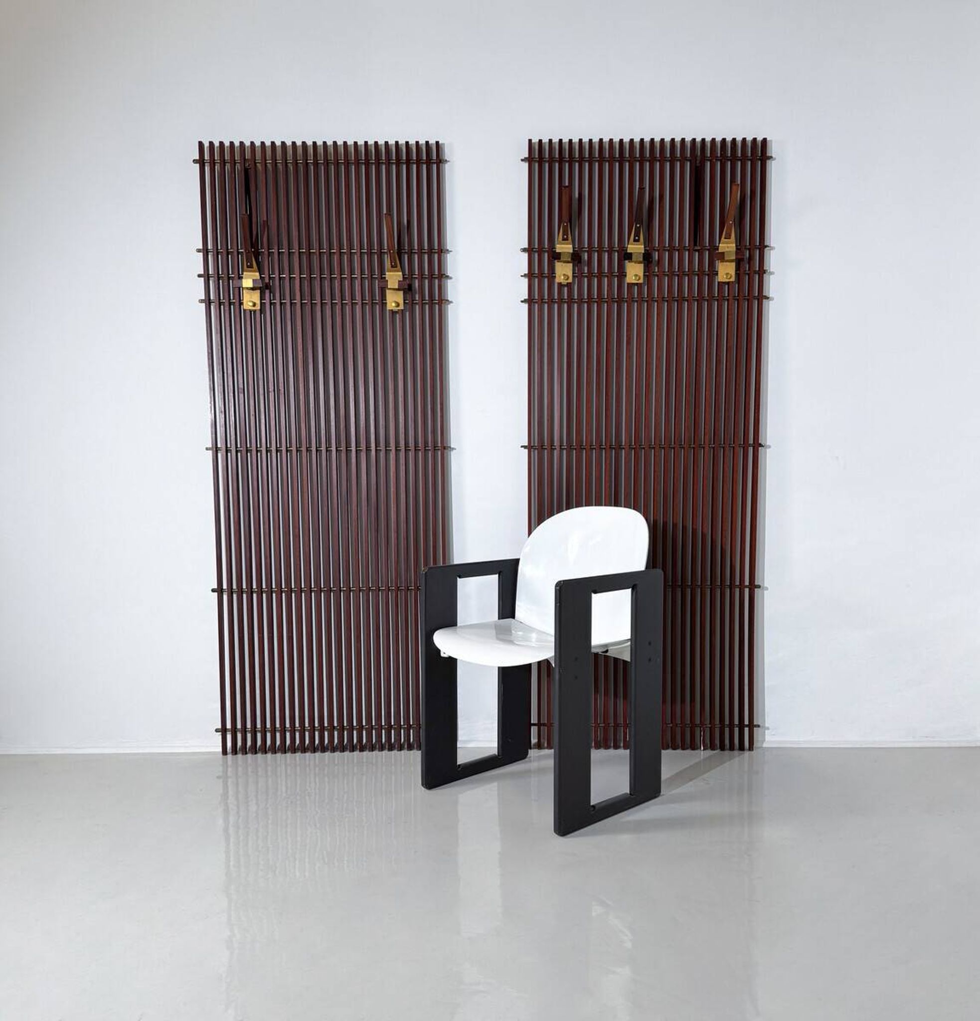 Modular coat rack in wood and brass, Italy, 1950s