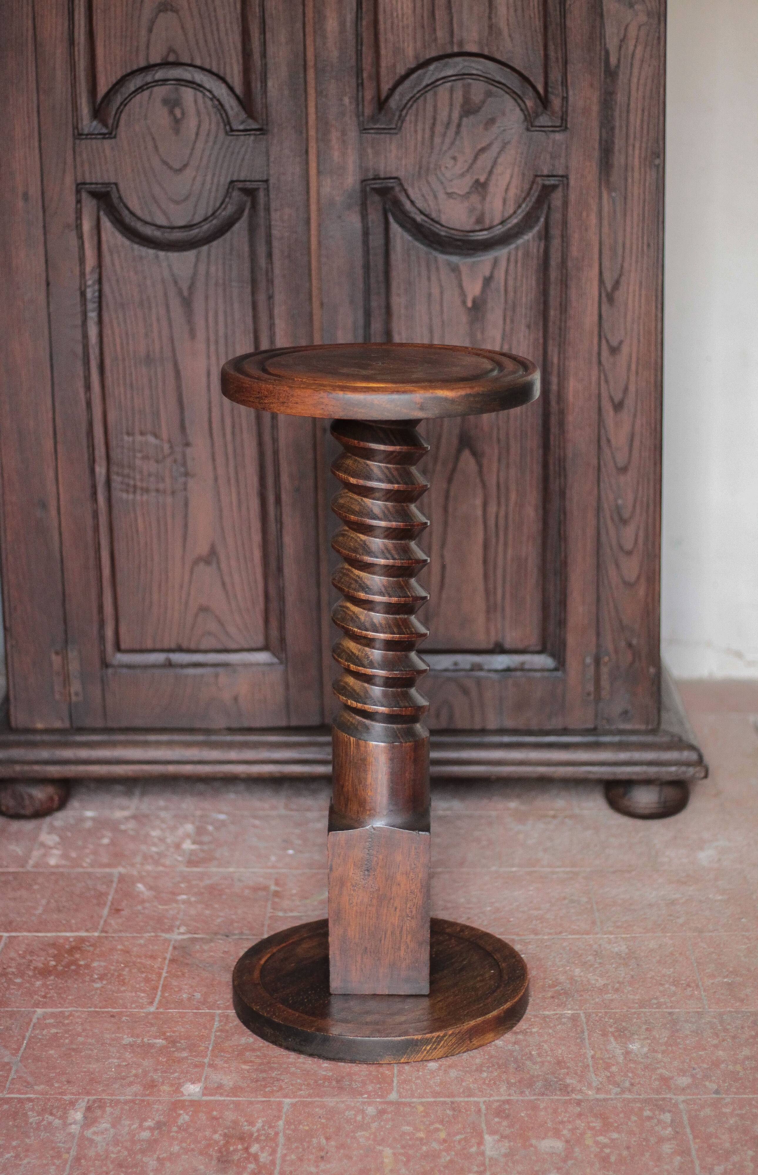 Vintage column, press screw column, wooden saddle, turned wooden foot