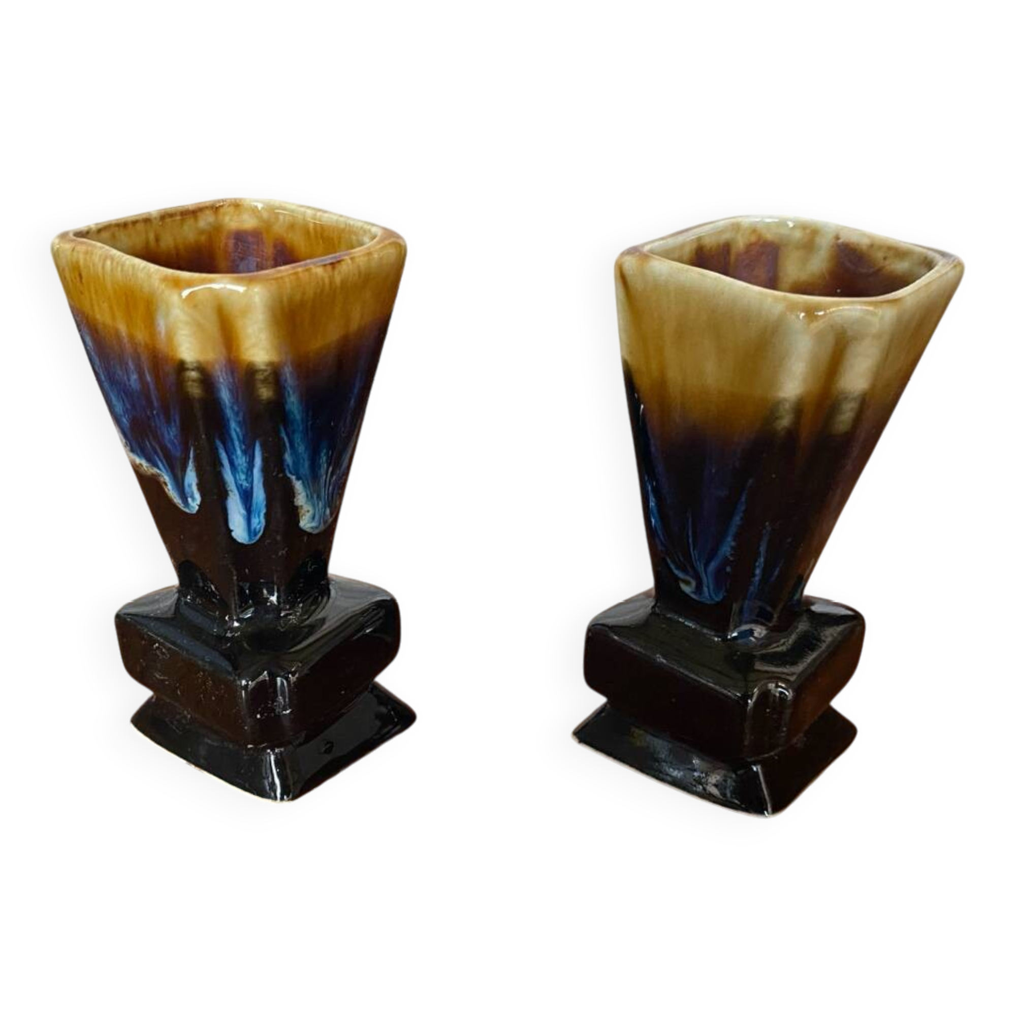 Pair of art deco flamed ceramic vases in black & beige vintage