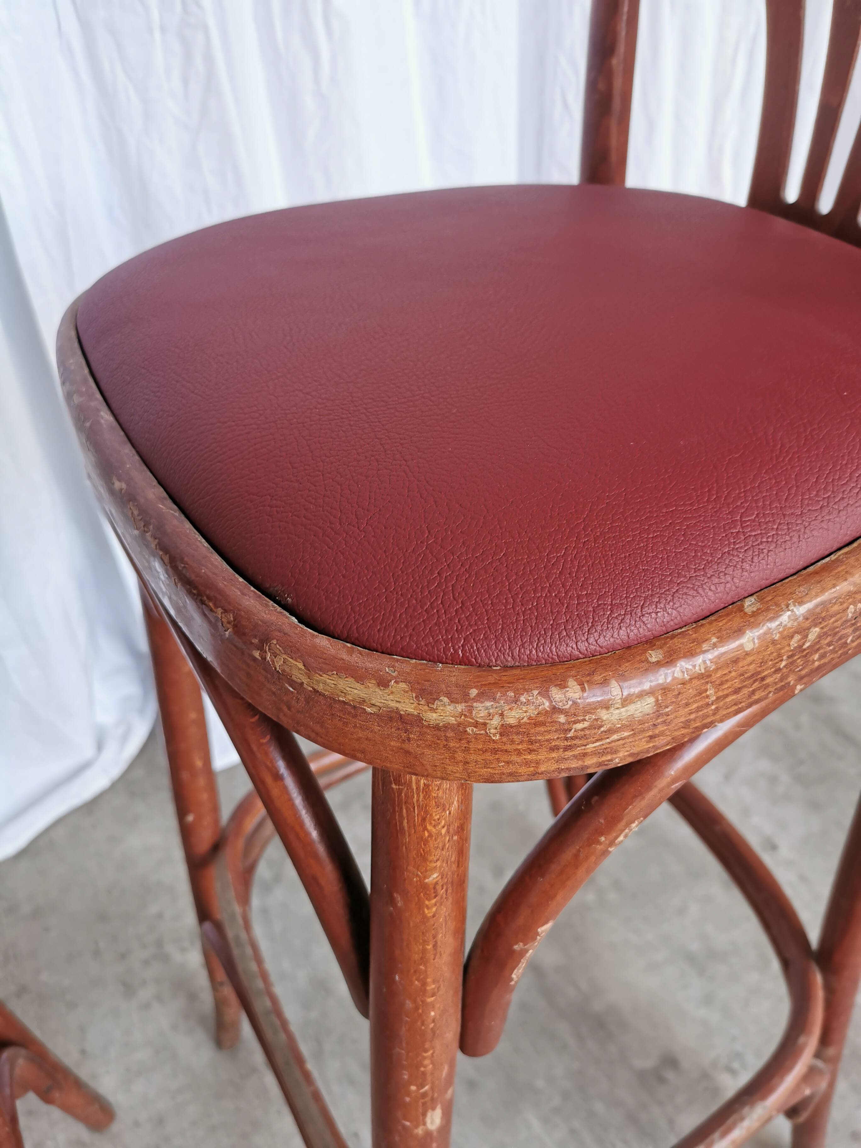 Mid-Century Thonet Style Bar Stools: Red Faux Leather Seat, Set of 2