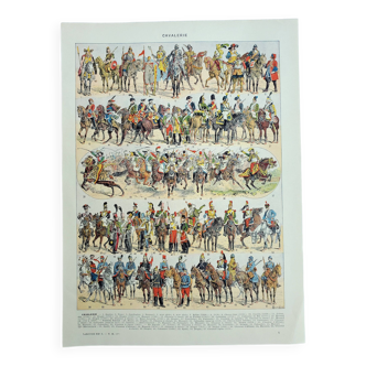 Gravure ancienne, Cavalerie, francaise, cheval, armées • Lithographie, Planche originale 1947