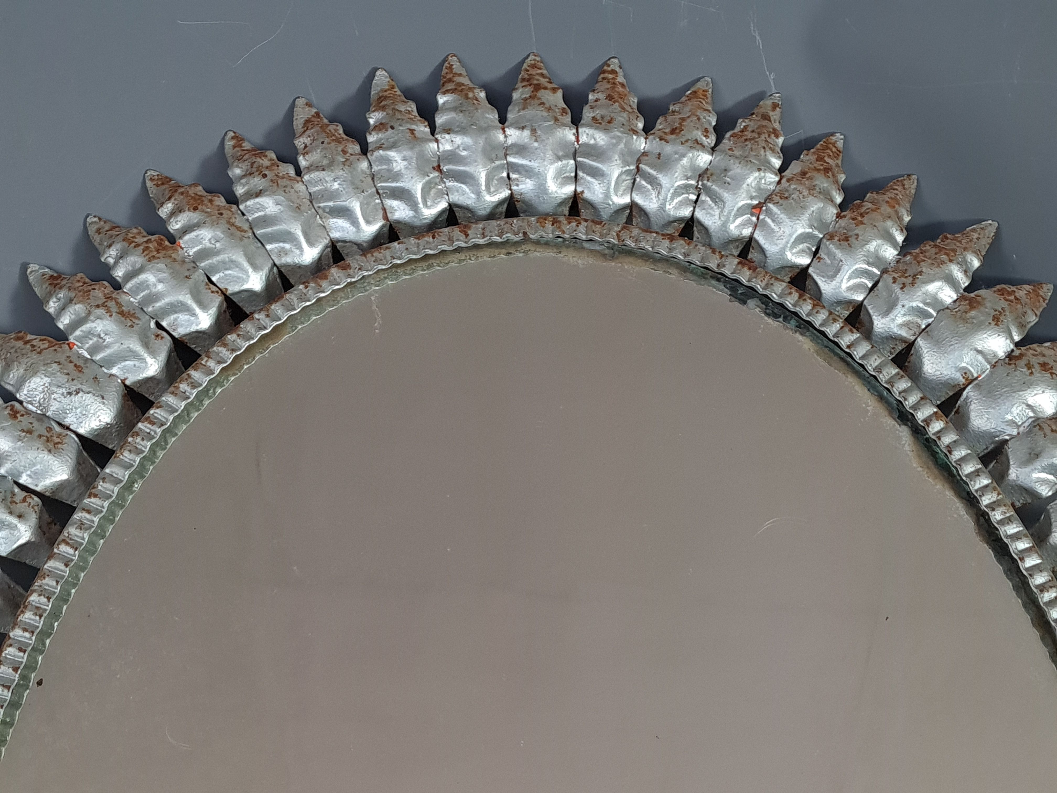 Vintage oval sun mirror 50s, silver metal 76x55 cm SB