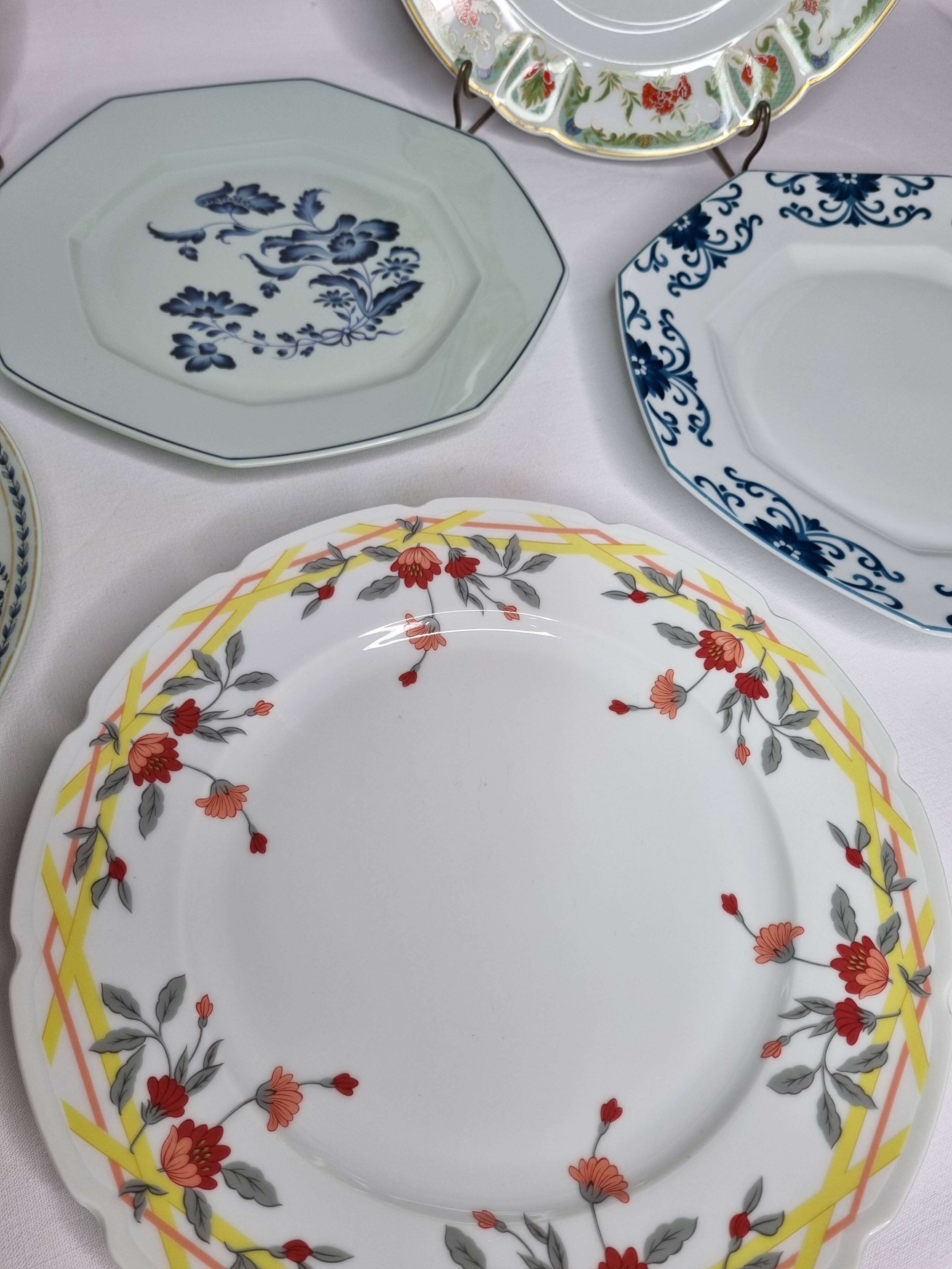 Set of 6 decorative French porcelain plates, floral and traditional designs, 25 cm
