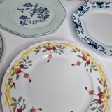 Set of 6 decorative French porcelain plates, floral and traditional designs, 25 cm