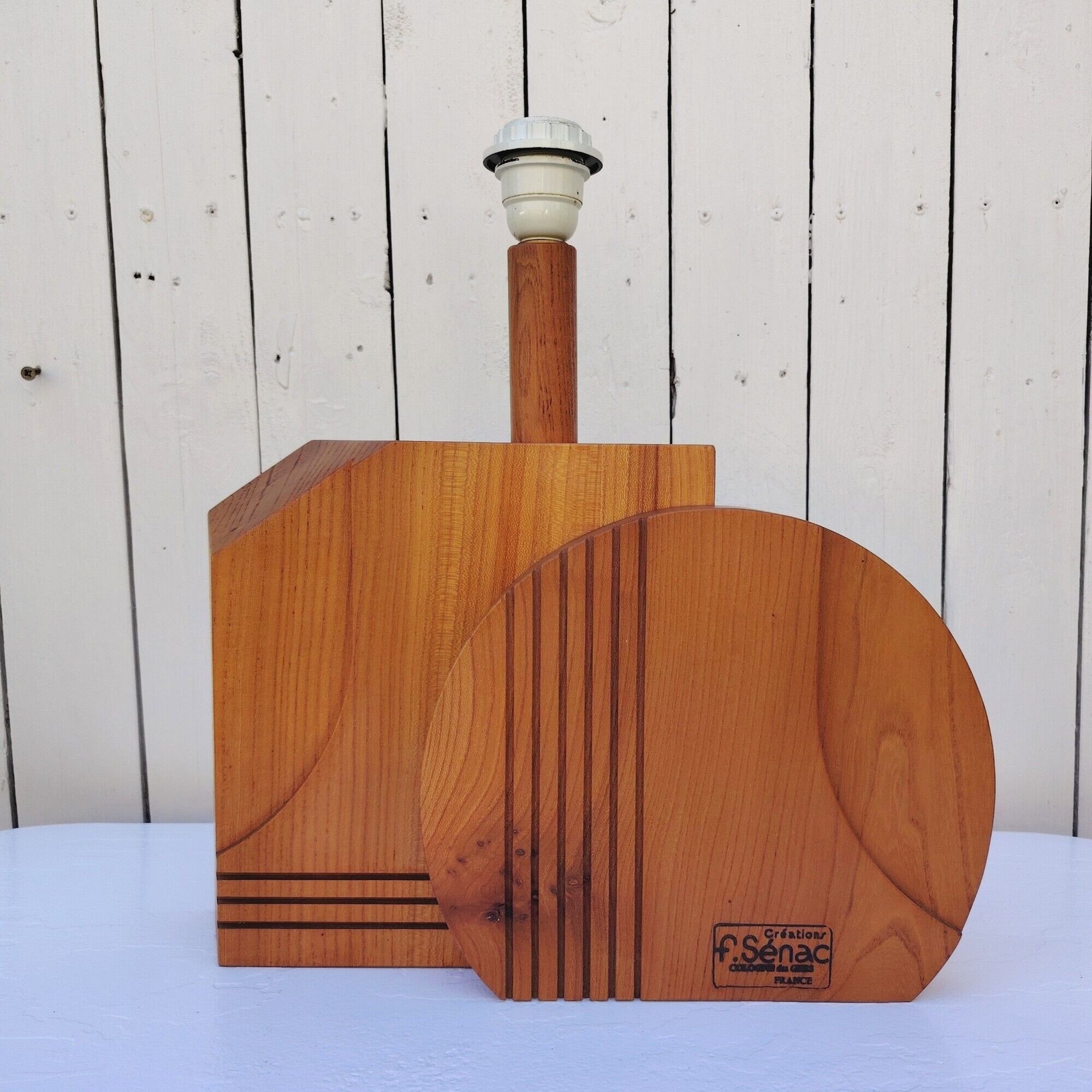 Large wooden lamp, geometric, 1970s design, F. Sénac