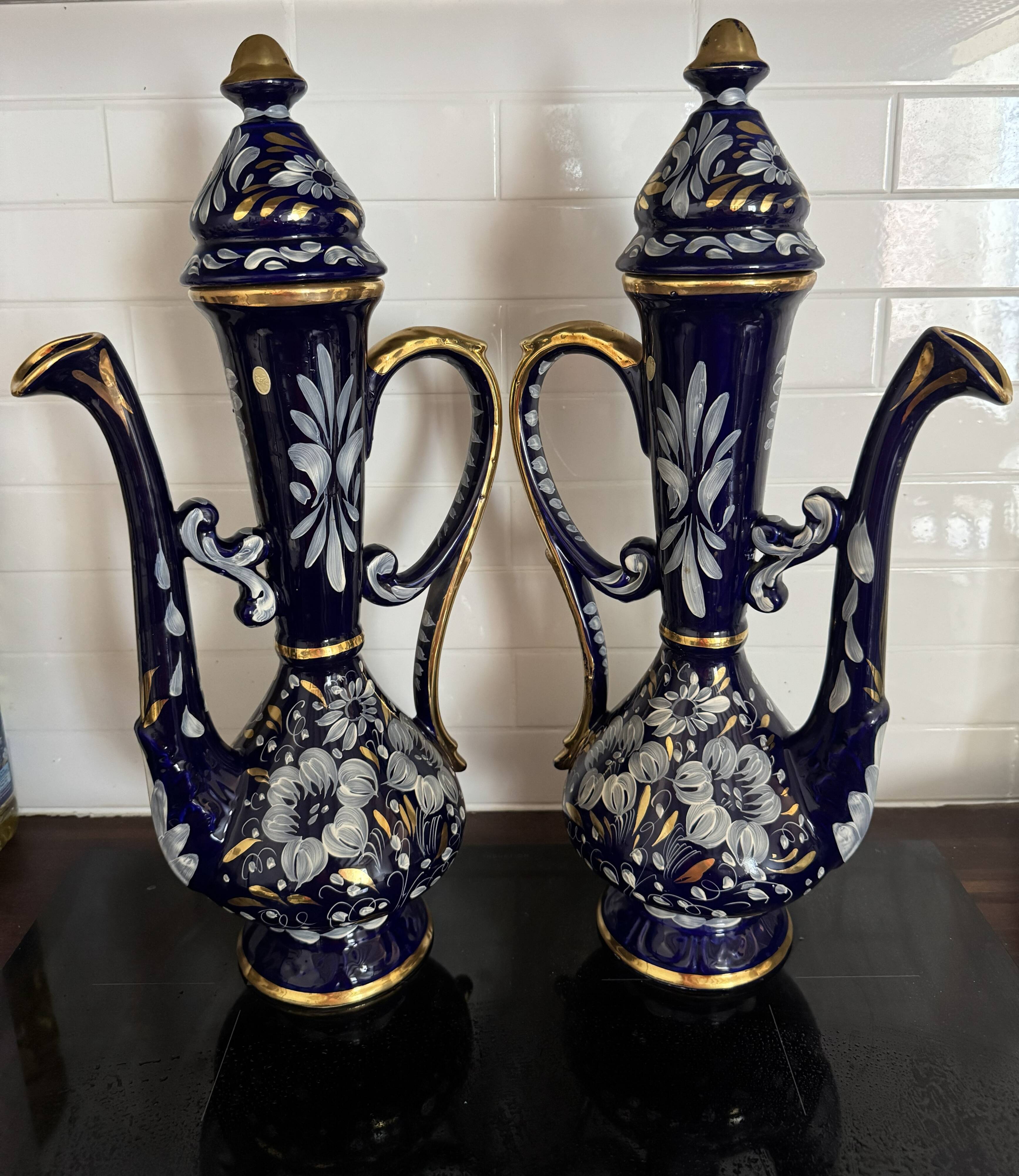 Pair of vintage jugs / pitchers in cobalt blue and gold ceramic – Made i