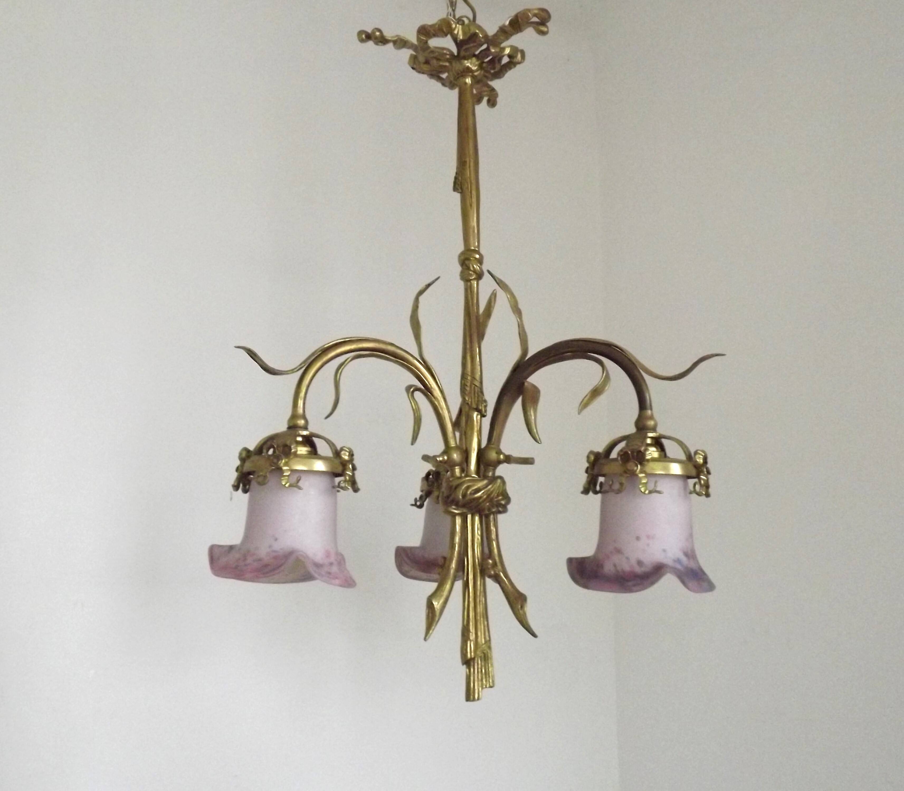 French Antique Late 1800s 3-Light Gilt Bronze Chandelier Art Glass Shades 5089