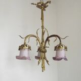Lustre à 3 lumières en bronze doré, abat-jour en verre d'art 5089