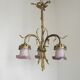 French Antique Late 1800s 3-Light Gilt Bronze Chandelier Art Glass Shades 5089