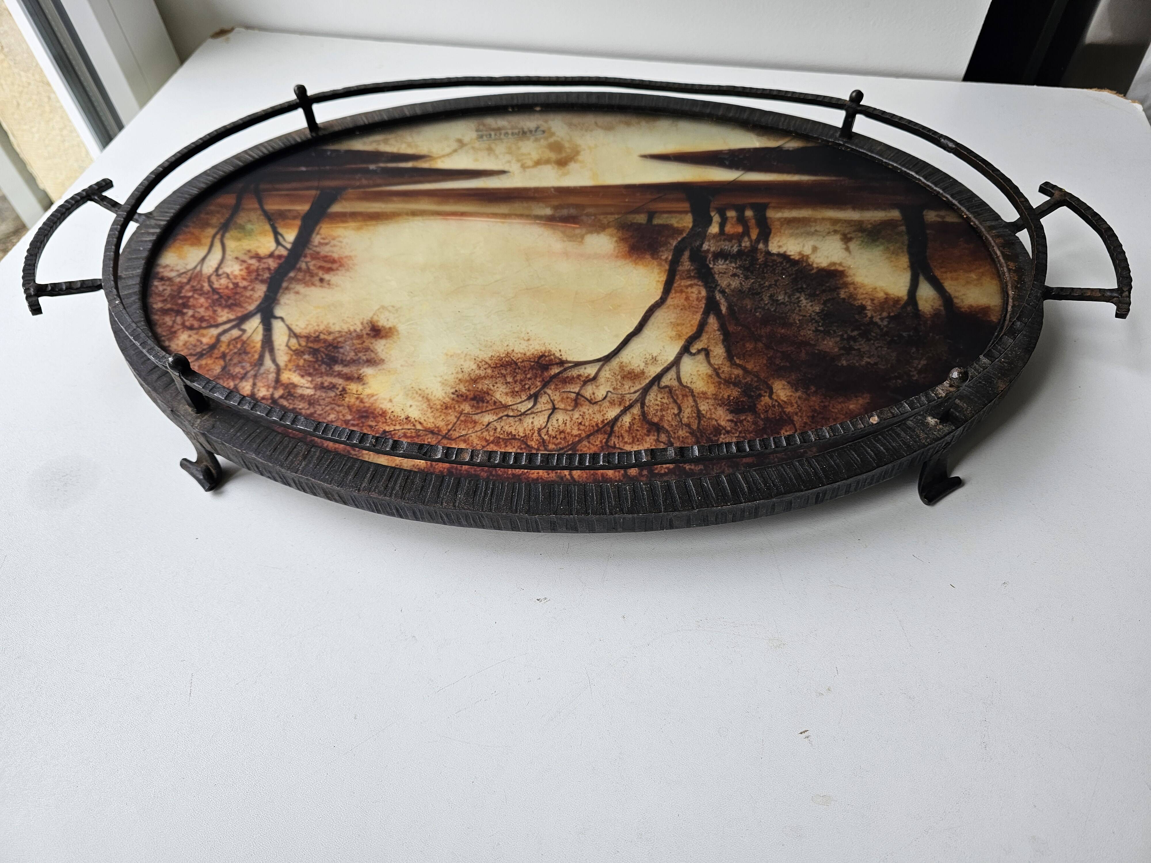 Wrought iron serving tray, Art Nouveau style, Art Deco period, Signed GERMON