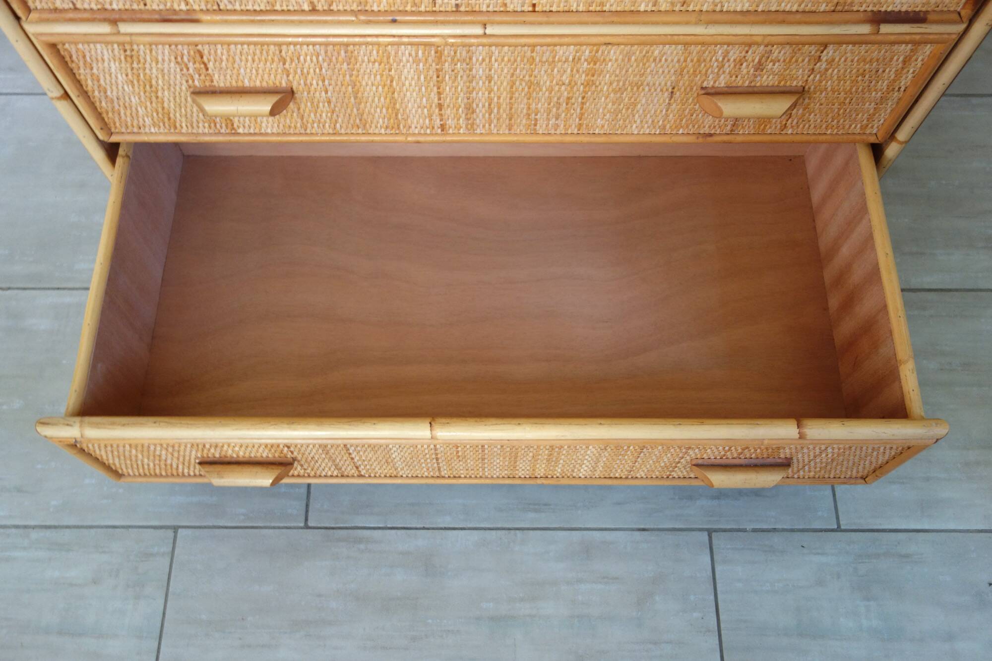 Chest of drawers with 5 wicker and bamboo drawers, 70s/80s.