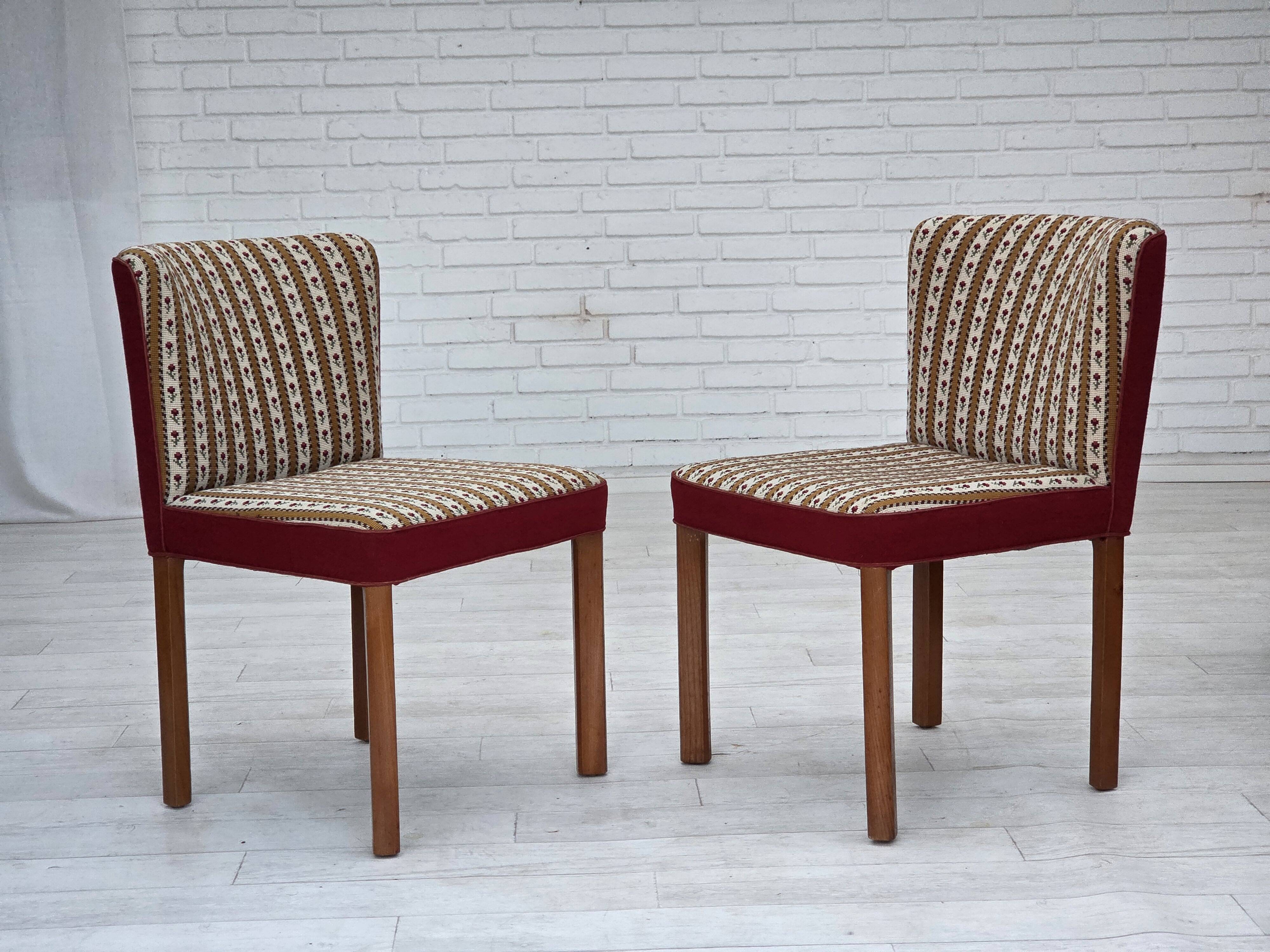 1960s, set of 2 Danish easy chairs, traditional Danish woven wool fabric.