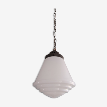 Art Deco pendant lamp, conical globe in white opaline