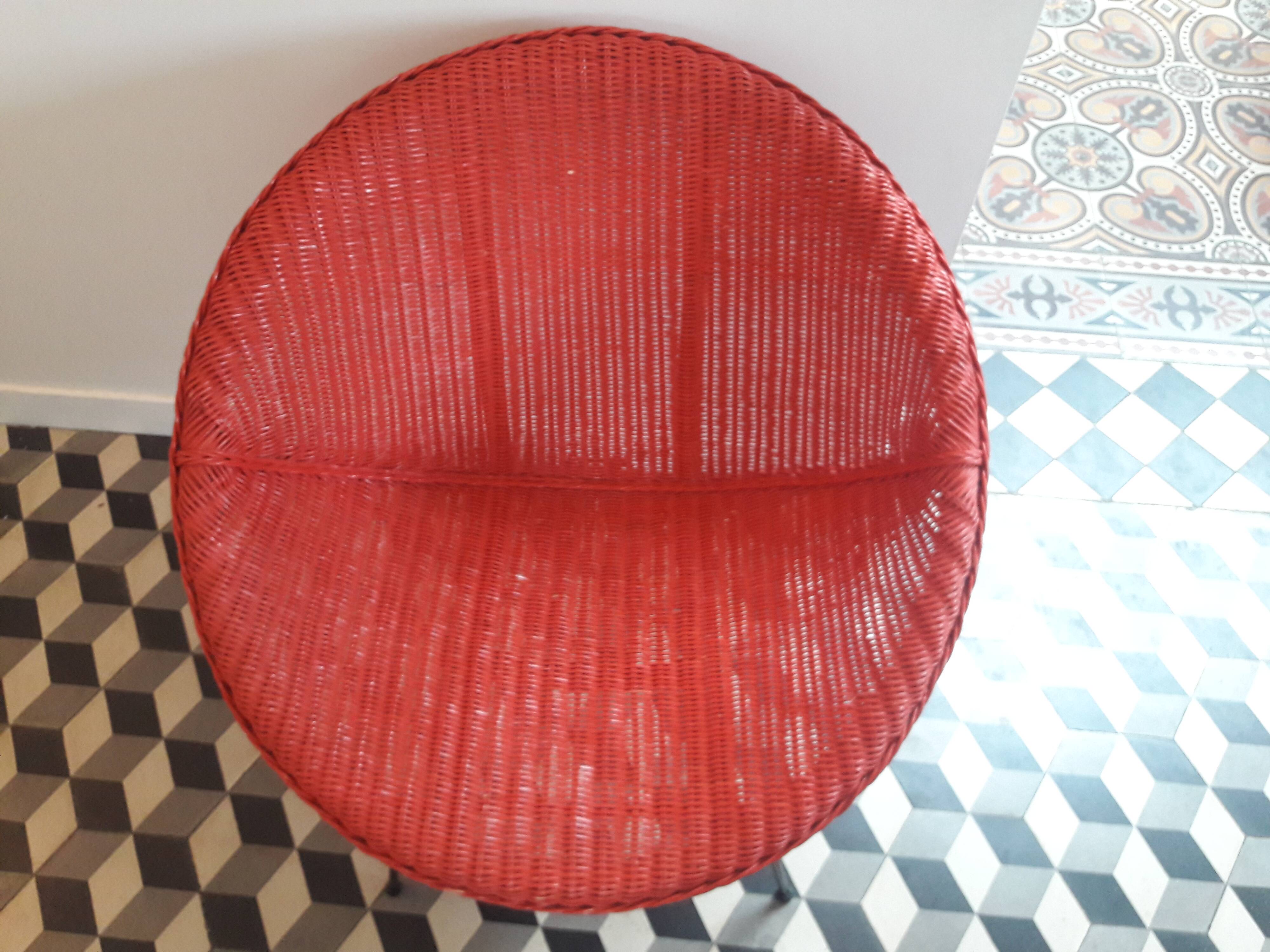 Armchair basket red vintage style frame metal seat wicker rattan scoubidou