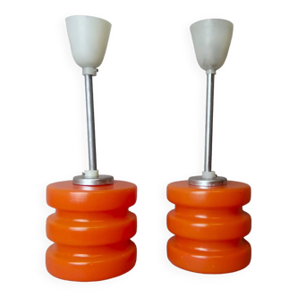 Pair Mid Century Modern MCM orange glass hanging lamps
