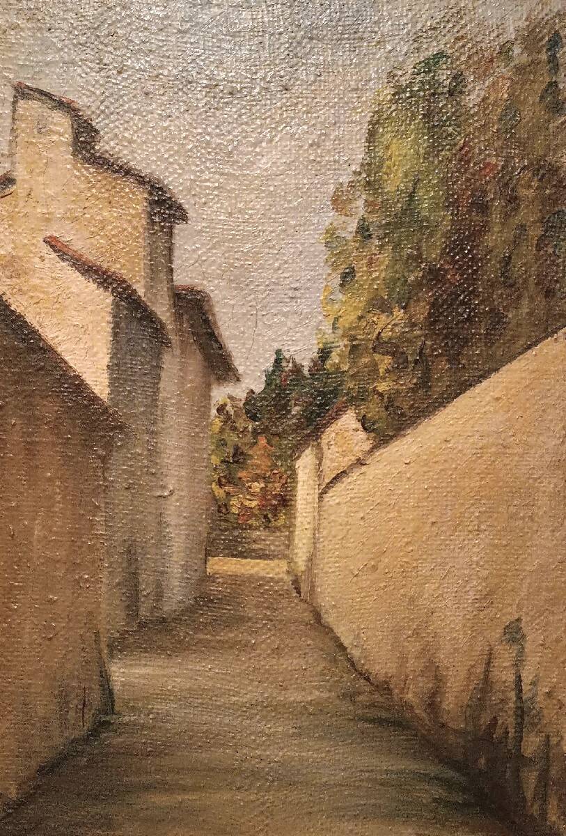 Antique painting from the late 19th century, a view of the village, oil on canvas