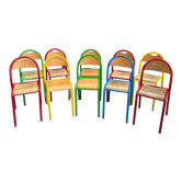 Set of 10 metal and wood communal chairs.