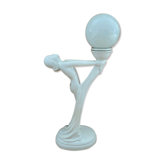 White ceramic lamp and opaline globe woman art deco art nouveau