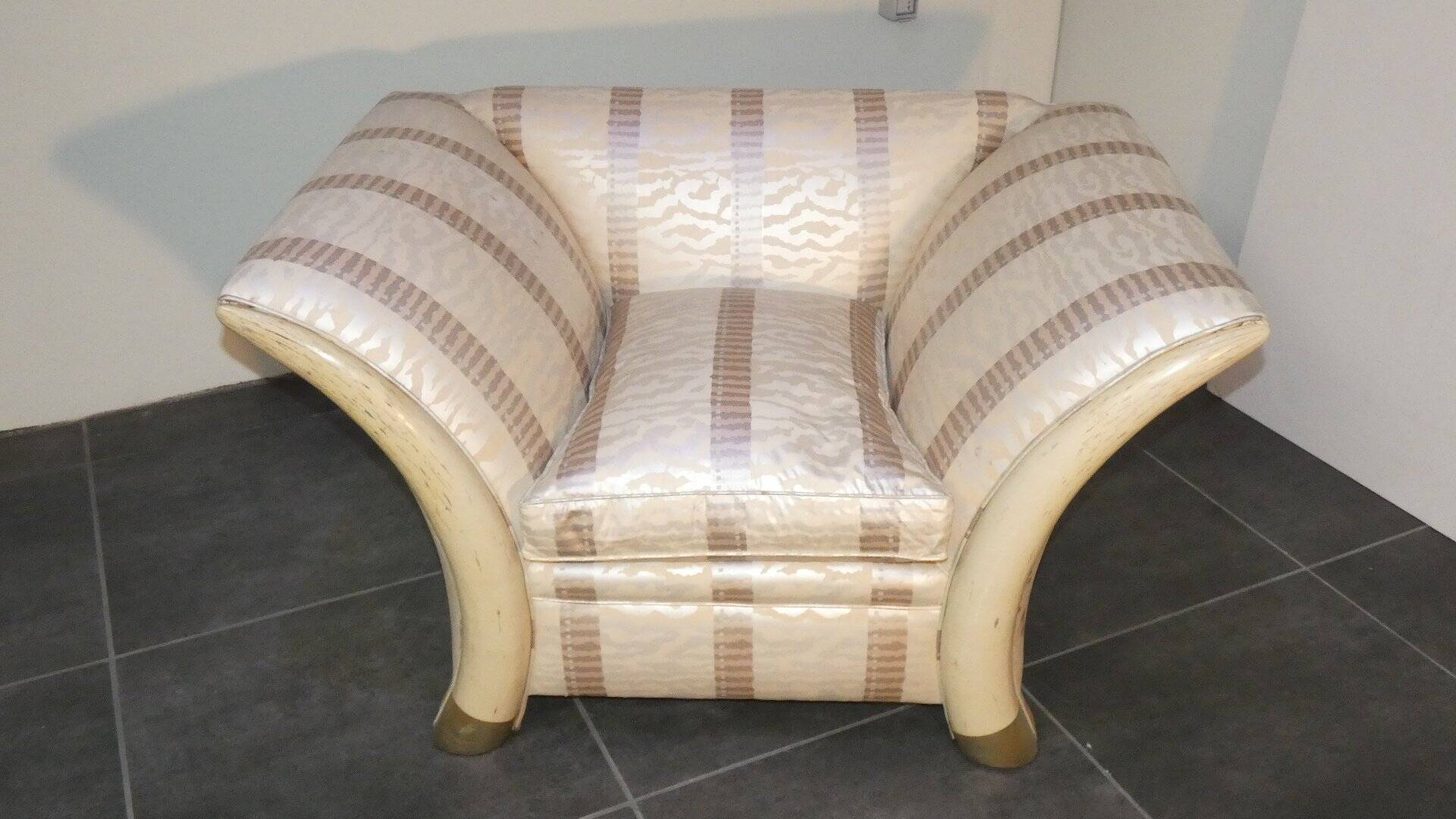 Sofa and armchair in colonial style with saber legs in resin, Italy, 1970s.