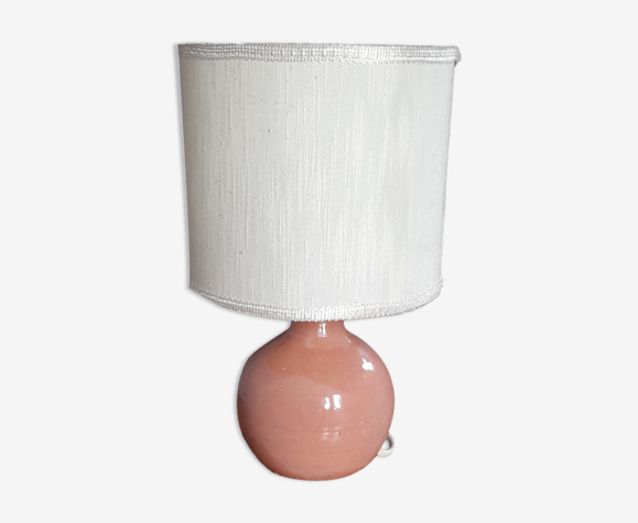 Lampe à poser ceramique vieux rose, abat jour tube écru, 1970's