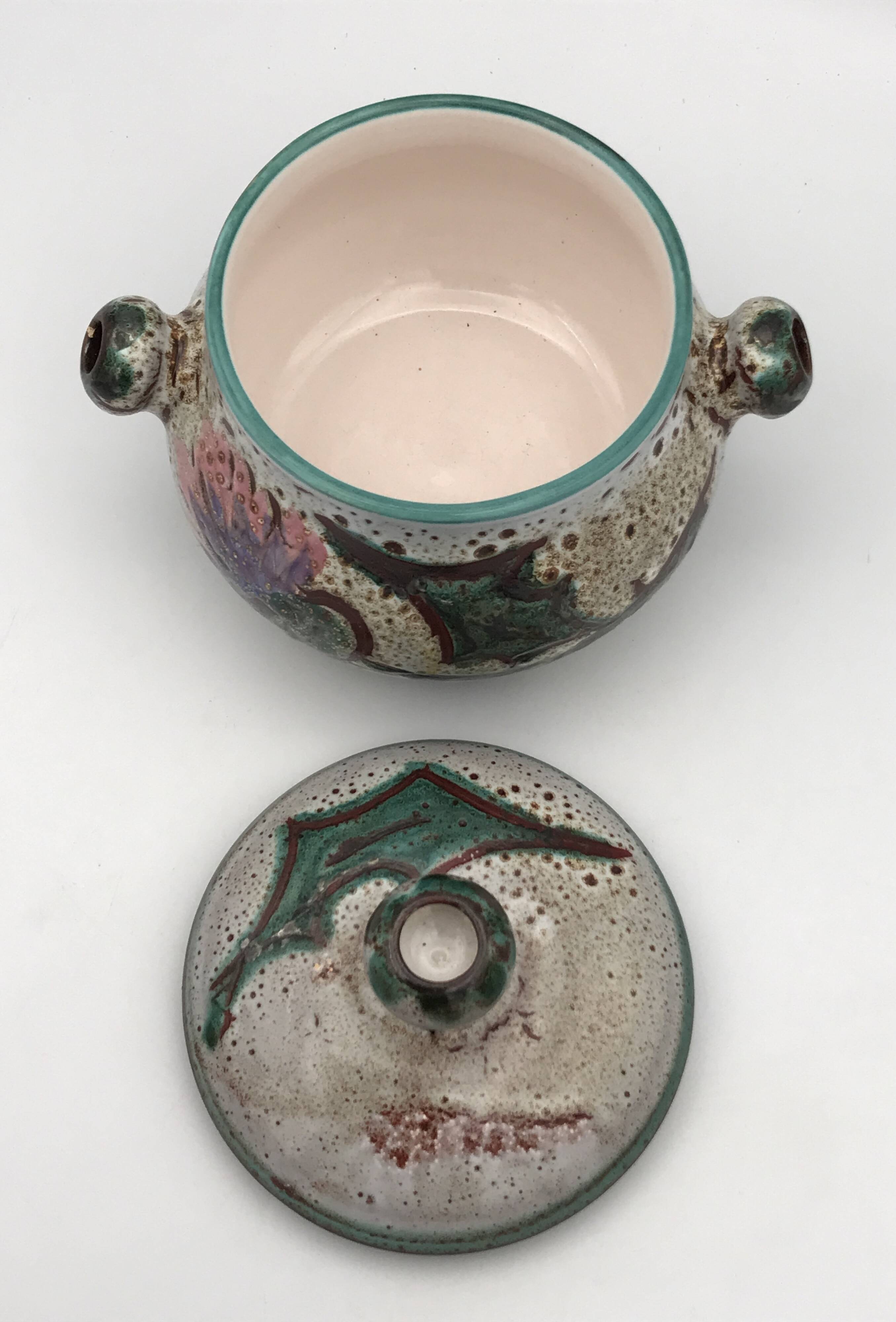 Vintage candy jar in enameled ceramic from Vallauris with thistle decoration