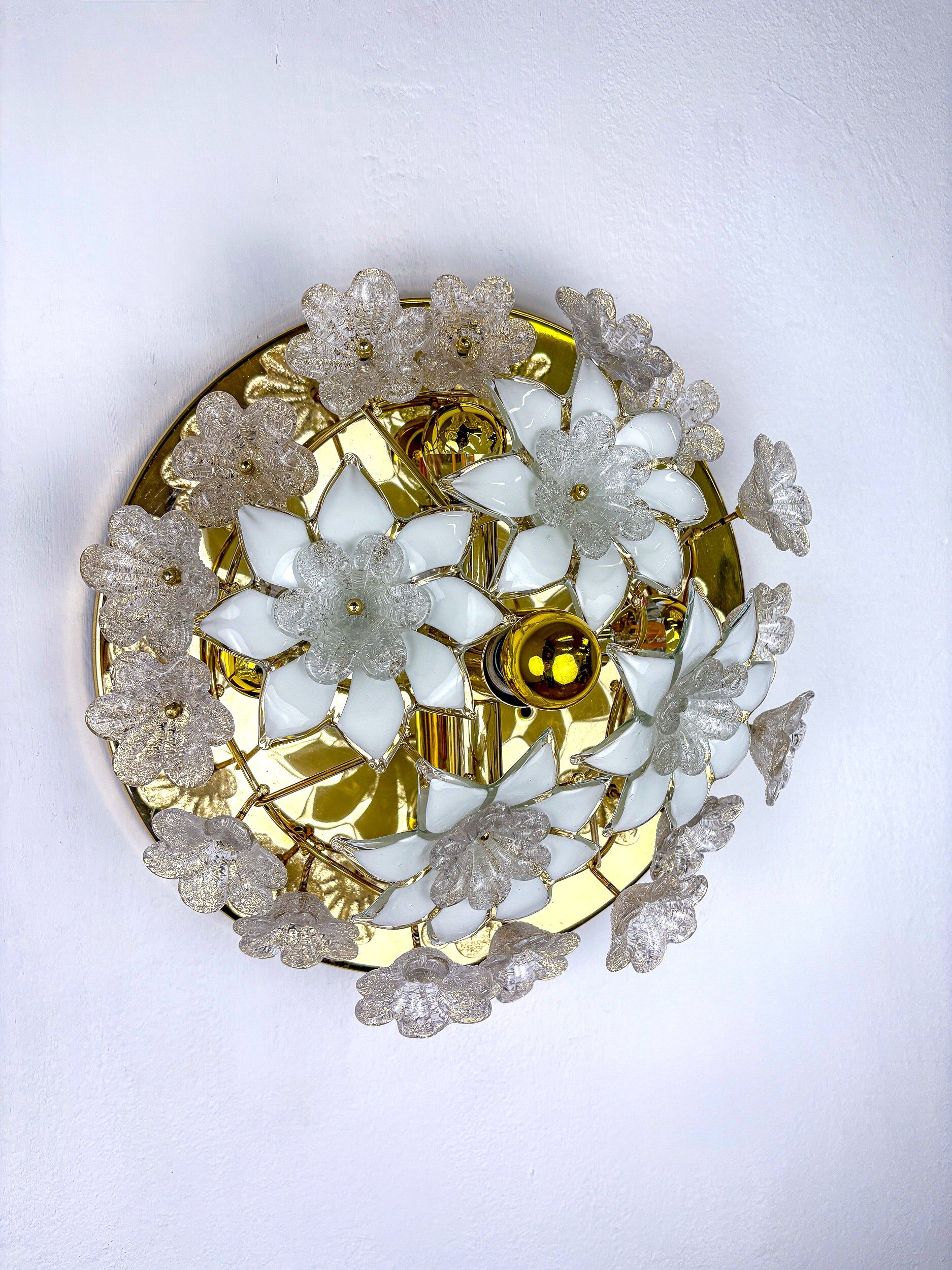 Large Italian Murano glass white frosted flowers ceiling flush mount, 1970s