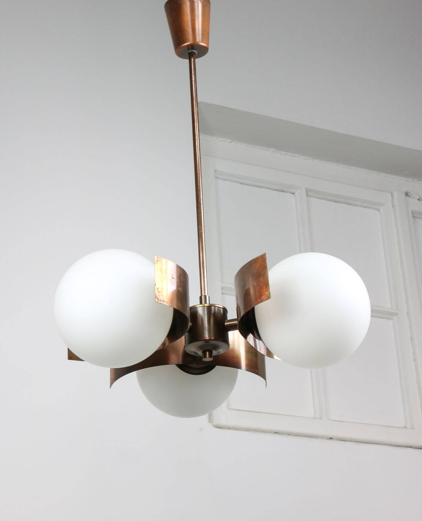 Vintage Italian Copper & Opaline Glass Chandelier