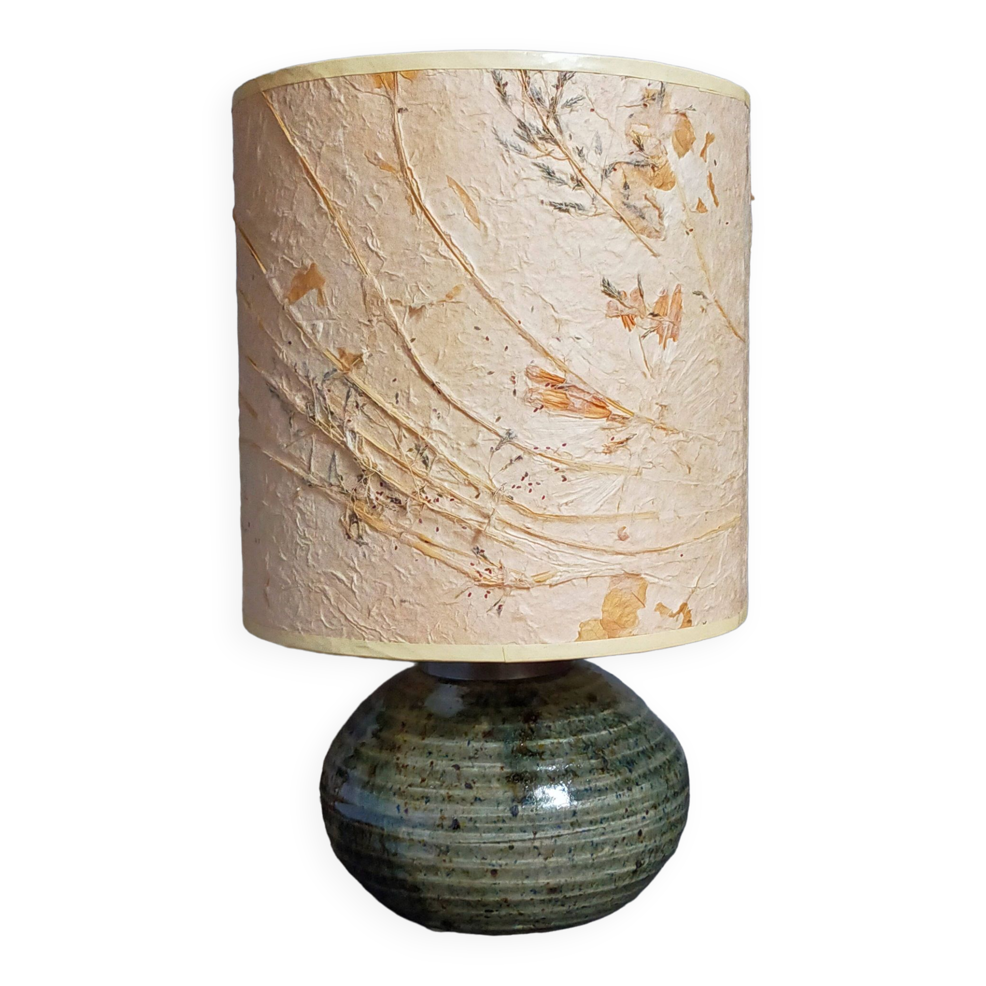 Lampe d'appoint vintage en grès émaillé, abat-jour herbier